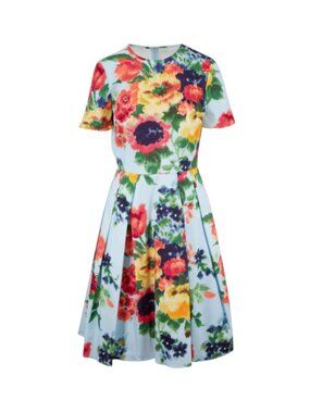 Carolina Herrera Floral A-Line Dress Womens 4 Blue Crew Neck Short Sleeve Cotton
